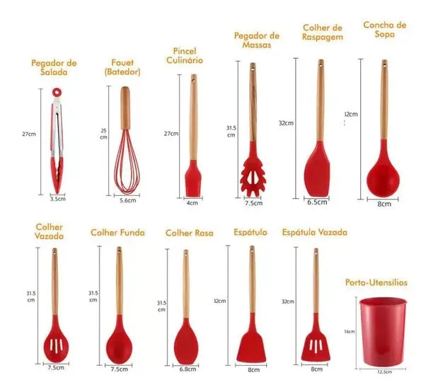 Kit de Utensílios de Cozinha em Silicone – Conjunto Completo com 12 Peças