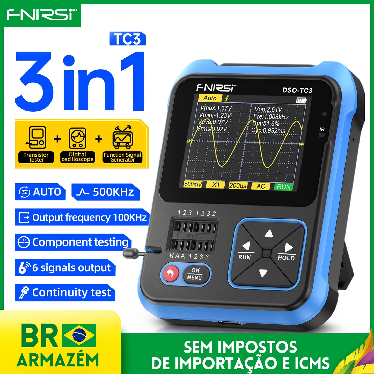 FNIRSI-Mini DSO-TC3 - Osciloscópio Digital 3 em 1, Compacto e Multifuncional