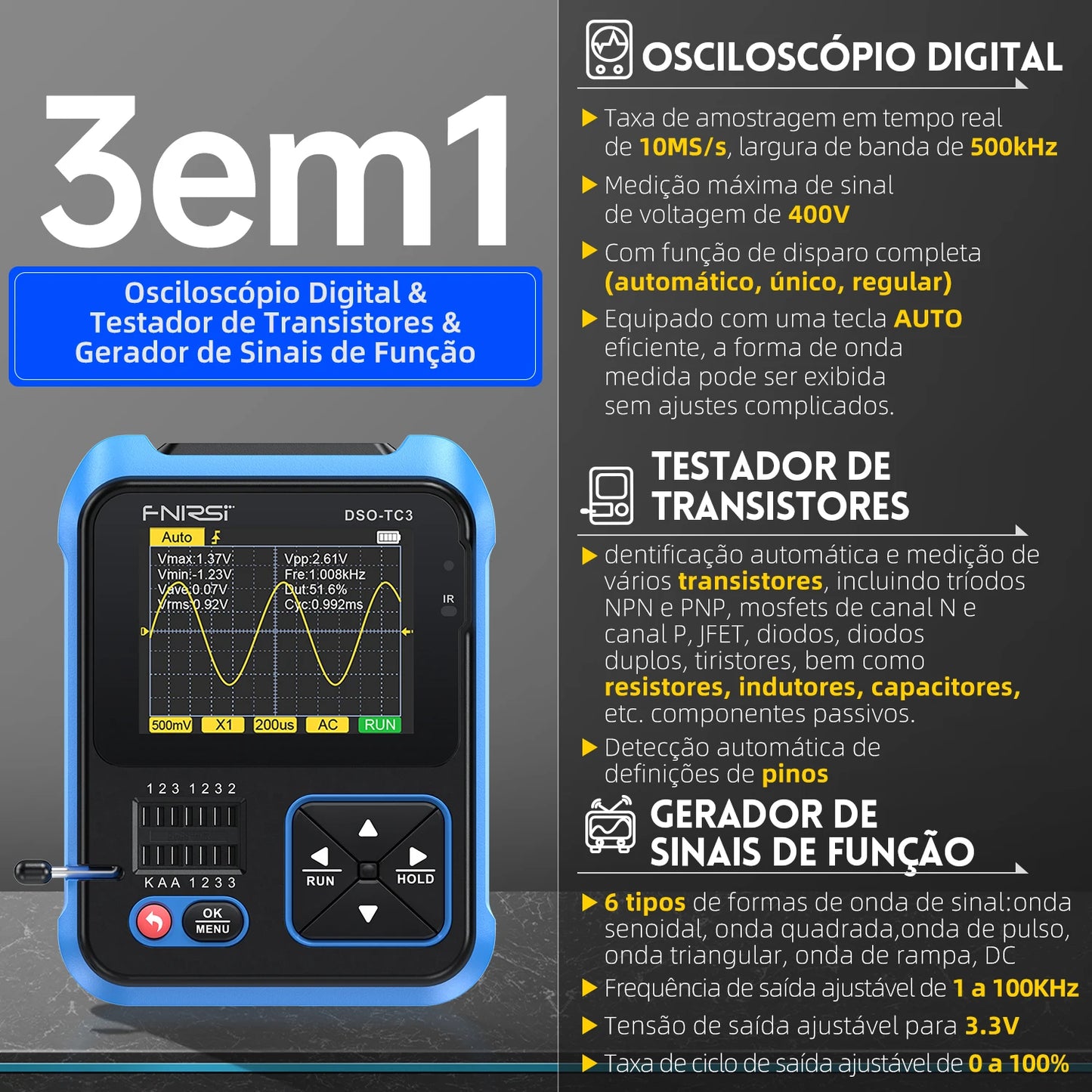 FNIRSI-Mini DSO-TC3 - Osciloscópio Digital 3 em 1, Compacto e Multifuncional