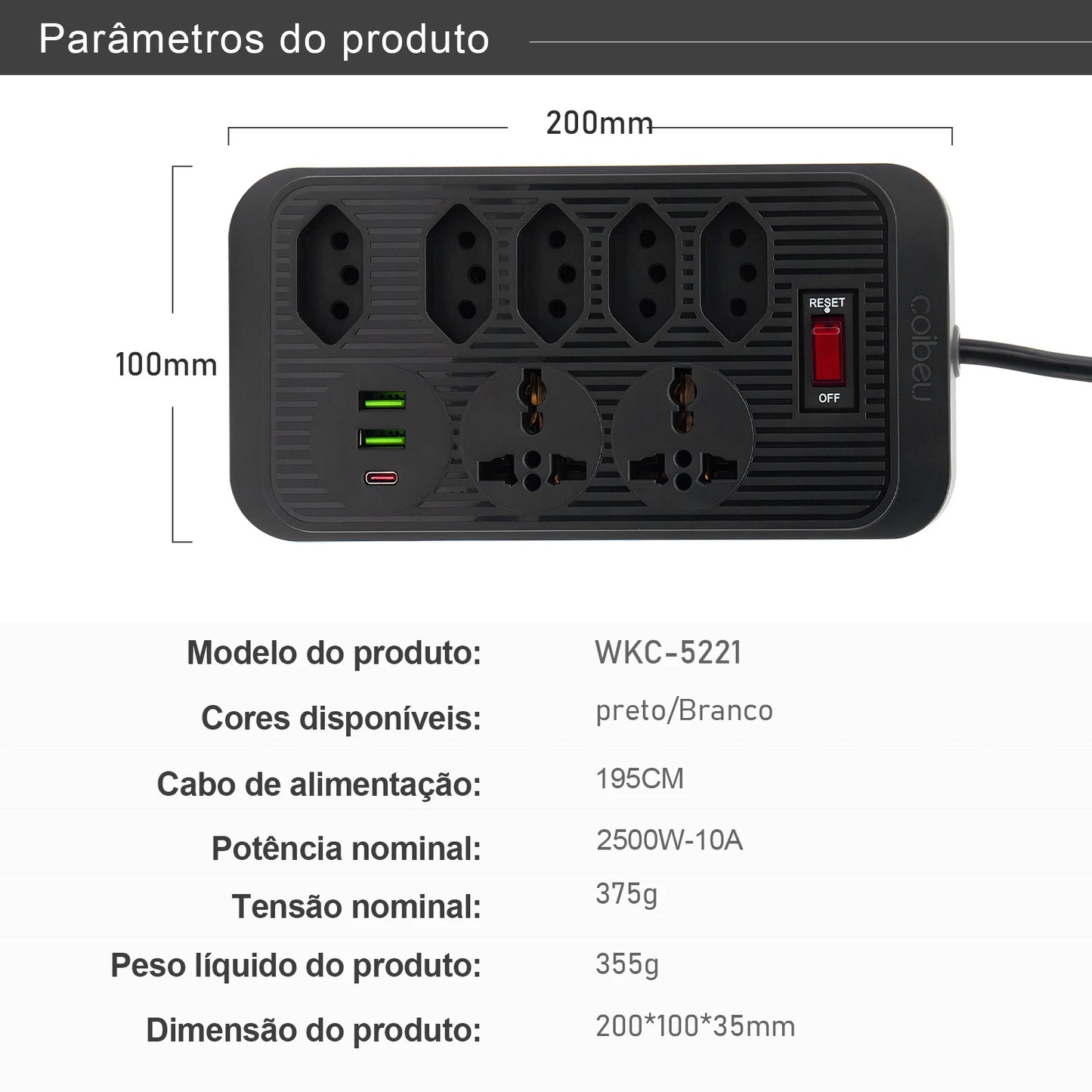 Extensão Elétrica USB Tipo-C com Filtro de Linha – 2m