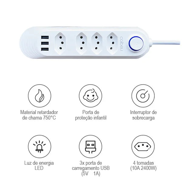 Extensão Elétrica USB Tipo-C com Filtro de Linha – 2m