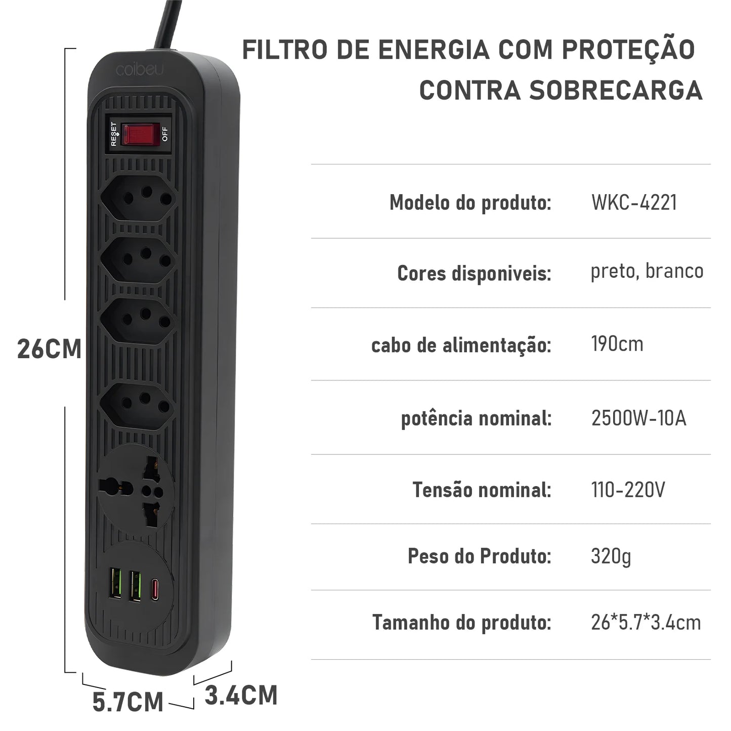 Extensão Elétrica USB Tipo-C com Filtro de Linha – 2m