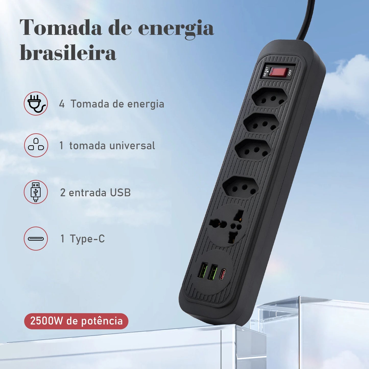 Extensão Elétrica USB Tipo-C com Filtro de Linha – 2m