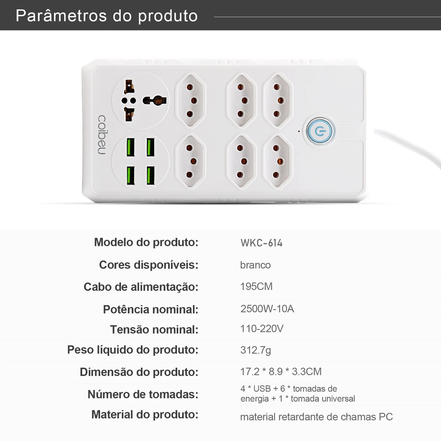 Extensão Elétrica USB Tipo-C com Filtro de Linha – 2m