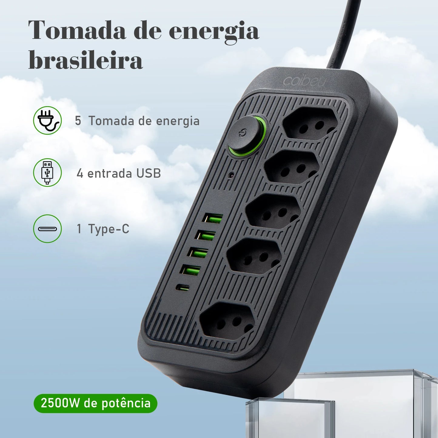 Extensão Elétrica USB Tipo-C com Filtro de Linha – 2m